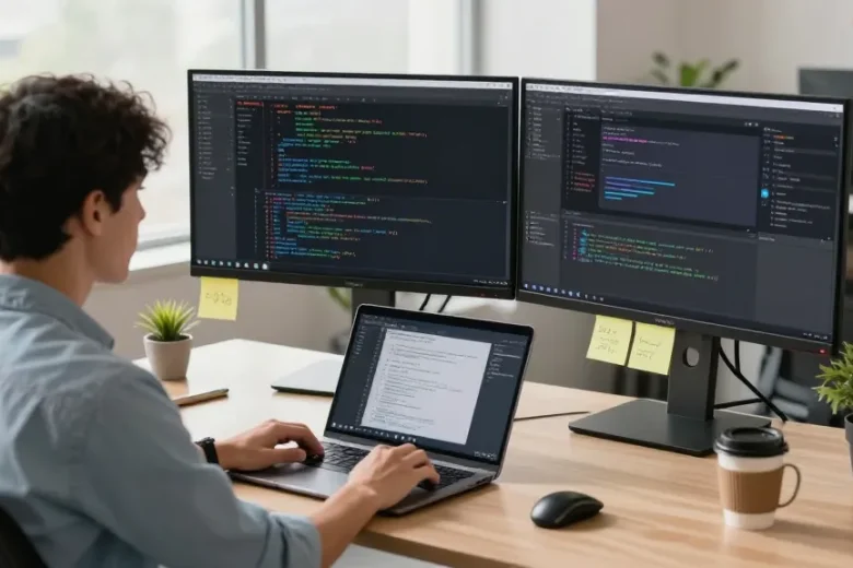 Efficient screenshot tool download Snipaste showcased in a modern office setting with dual monitors, code, and design.