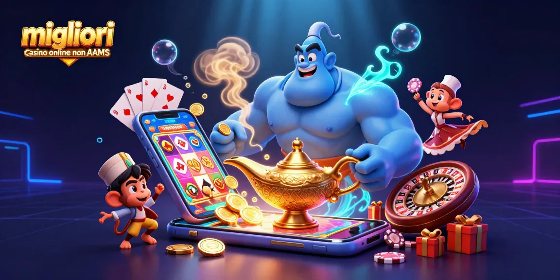 Migliori casino online non AAMS con giochi emozionanti e premi lucenti in un'illustrazione 3D vibrante.