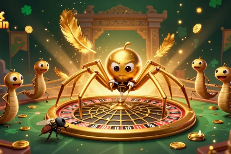 Engage with Link Sunwin's thrilling casino world featuring a golden spider, betting fly, and centipede croupier.