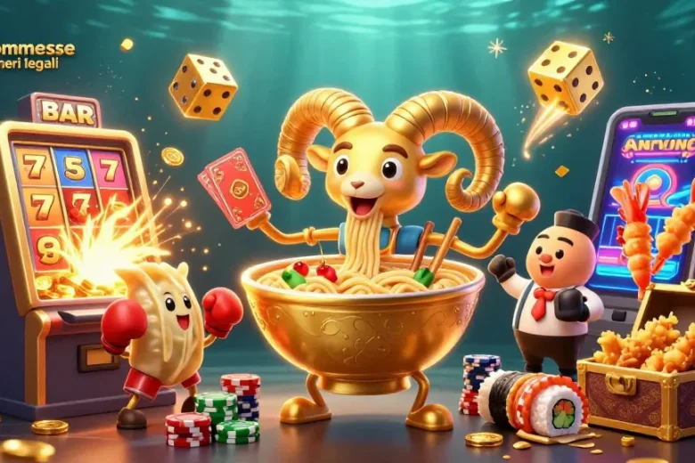 I migliori siti scommesse stranieri legali rappresentati in un'illustrazione dinamica con un'enorme ciotola di ramen d'oro e personaggi vivaci.