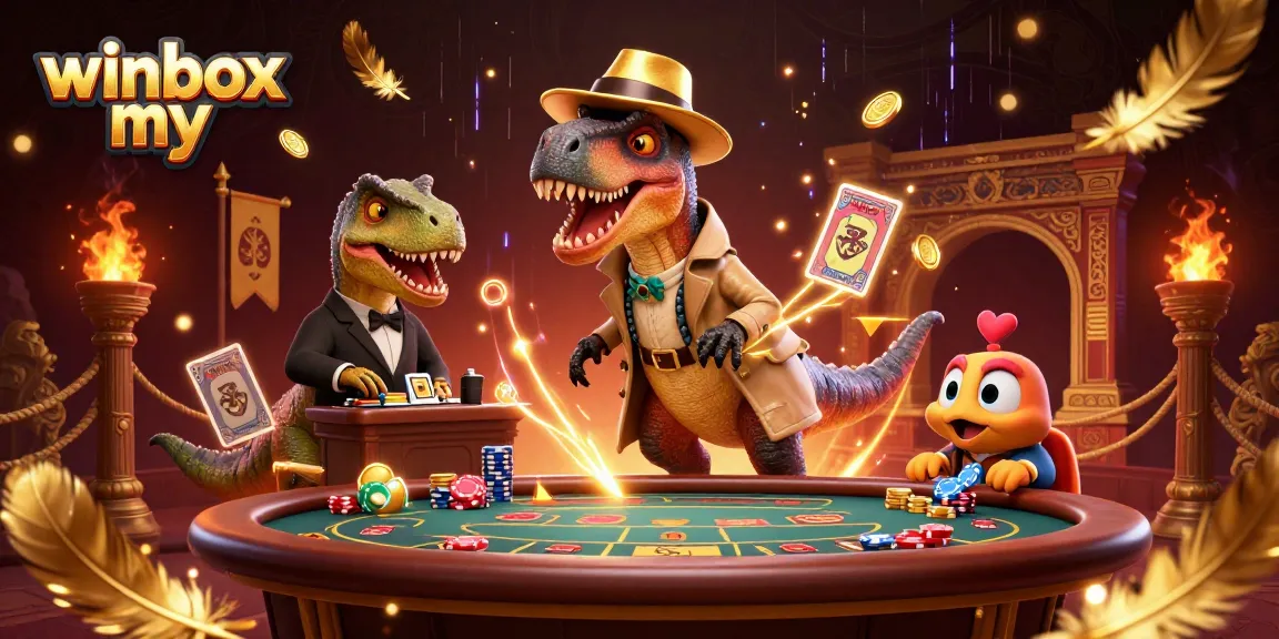 Engage with winbox my by exploring dynamic casino action featuring a velodinosaur card counter amidst vibrant gaming elements.