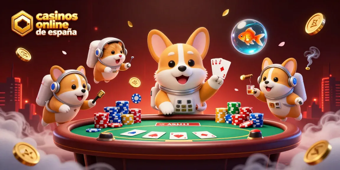 Explora los casinos online de España en una animada ilustración 3D de un corgi y sus amigos en un casino espacial.