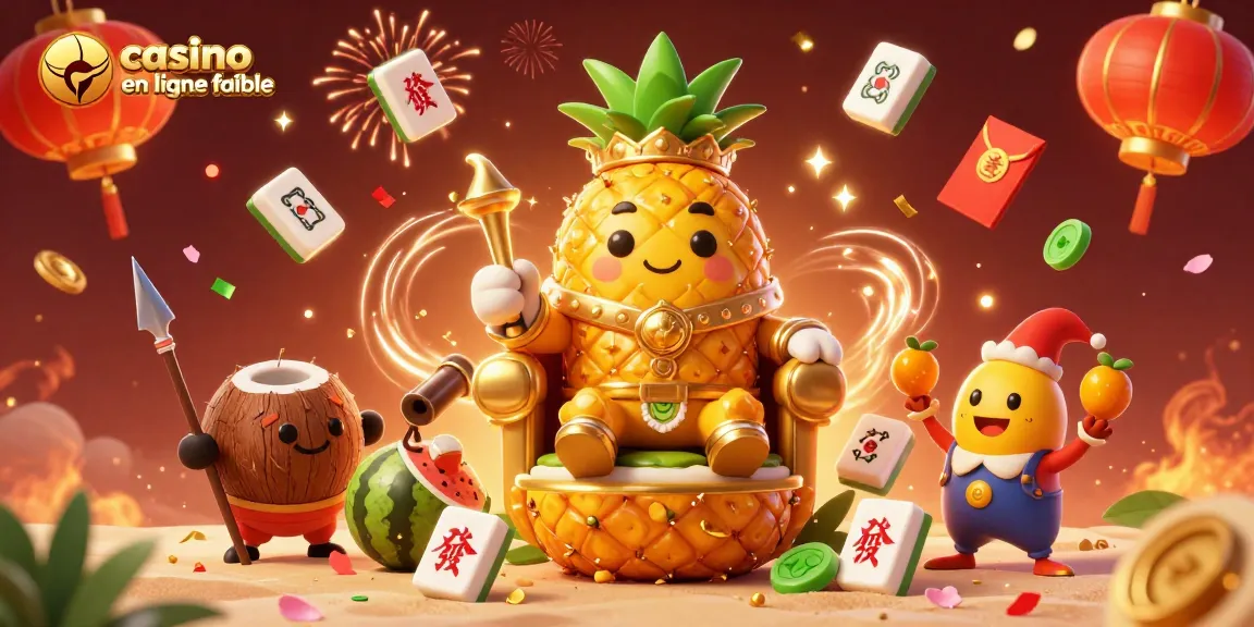 Profitez d'une expérience de jeu au casino en ligne fiable avec ce roi ananas et son entourage festif sur une plage.