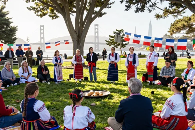 Engaged Polish community gathering in San Francisco showcasing cultural heritage at https://www.sfpol.com/ with traditional attire and homemade food.