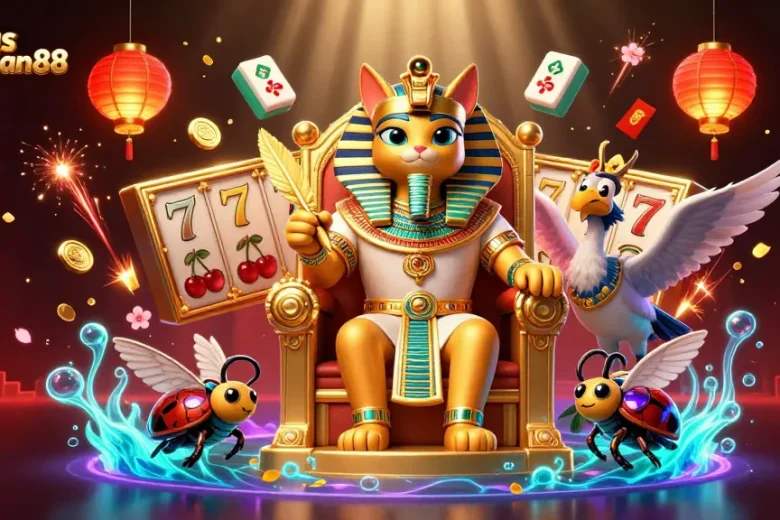 Engage with the thrilling world of Situs Spaceman88 featuring an Egyptian-themed gaming scene with slot elements.