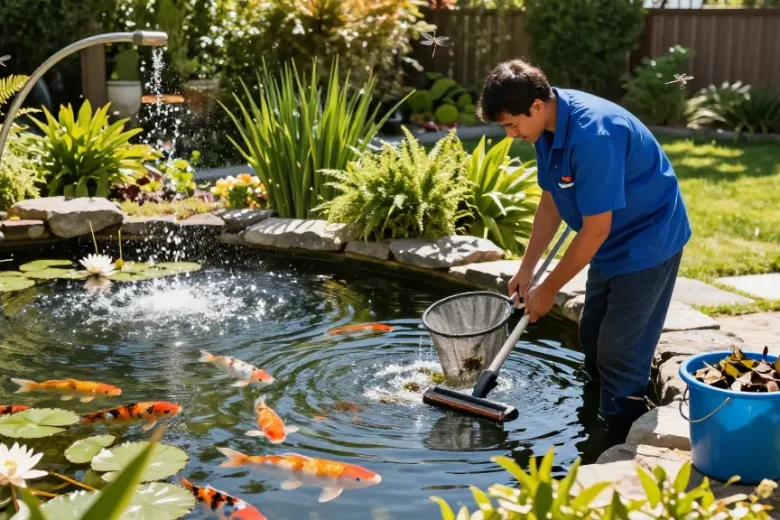 Pond Cleaning Essex professional technician netting debris from a tranquil koi pond surrounded by lush greenery and water features.