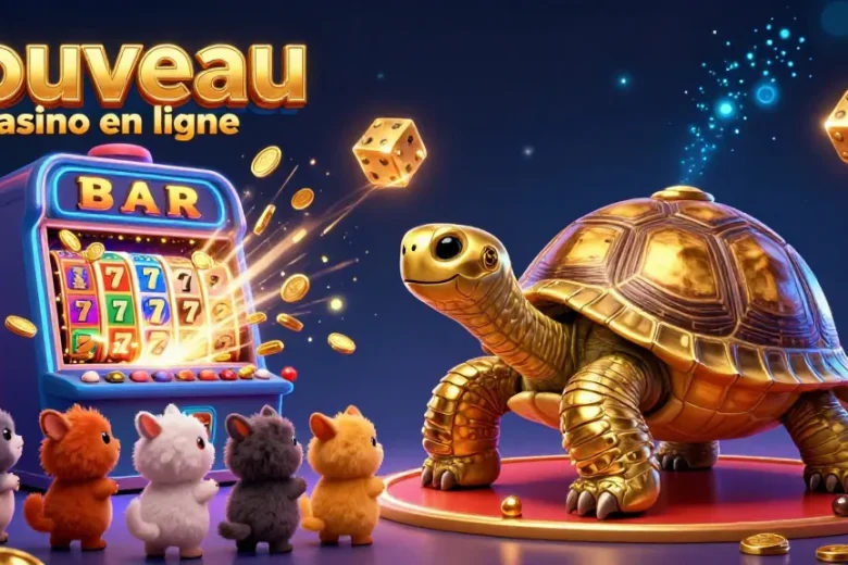 Illustration dynamique d'un nouveau casino en ligne avec une tortue géante en or, machine à sous et effets lumineux.